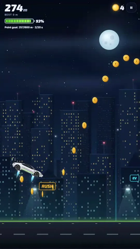 The roadster dips toward an arc of gold coins above the city.
