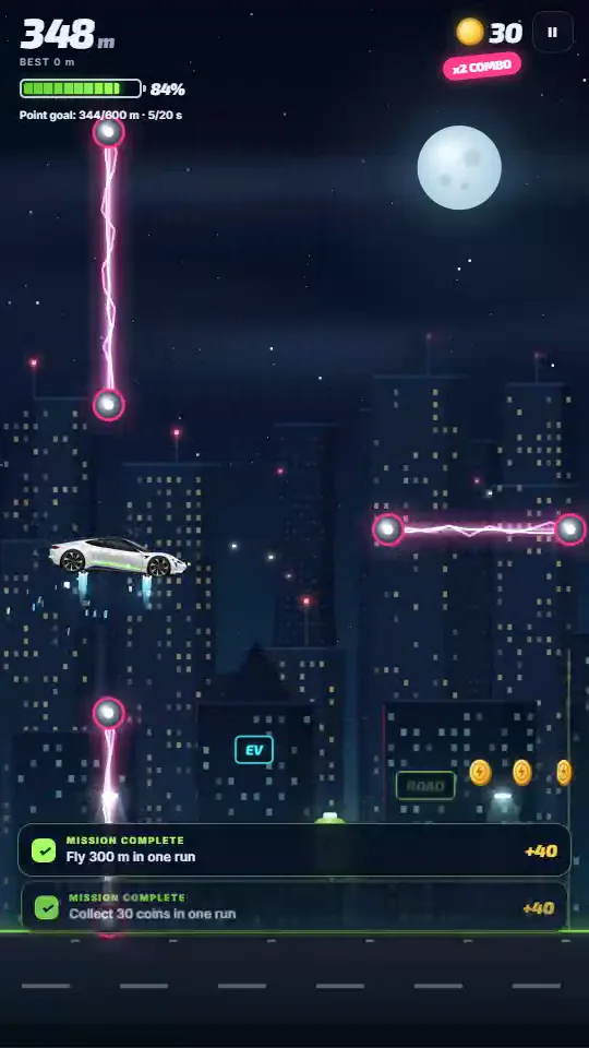 Pink zapper beams block the sky while the roadster flies through the gap. Two Mission complete notices appear at the bottom.