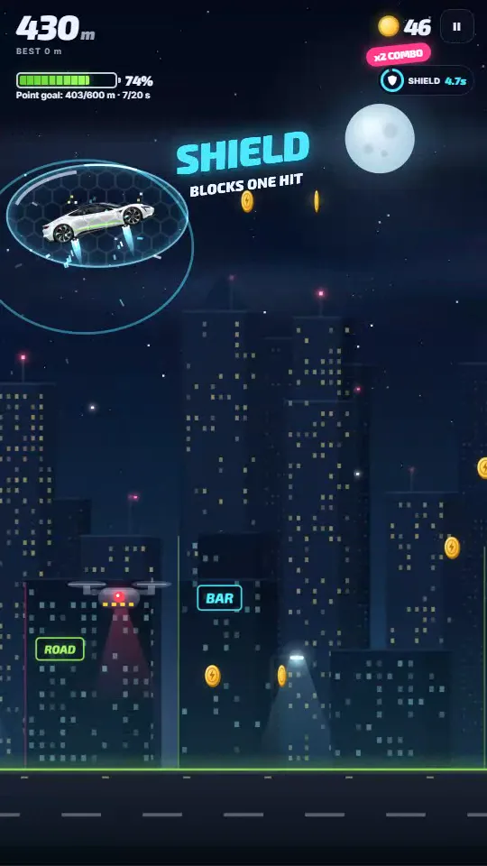 The roadster inside a blue shield bubble with the in-game text Shield blocks one hit.
